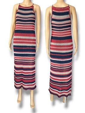 Vintage Y2K Penelope Rose Knit Striped Maxi Dress w/ Left Side Slit
